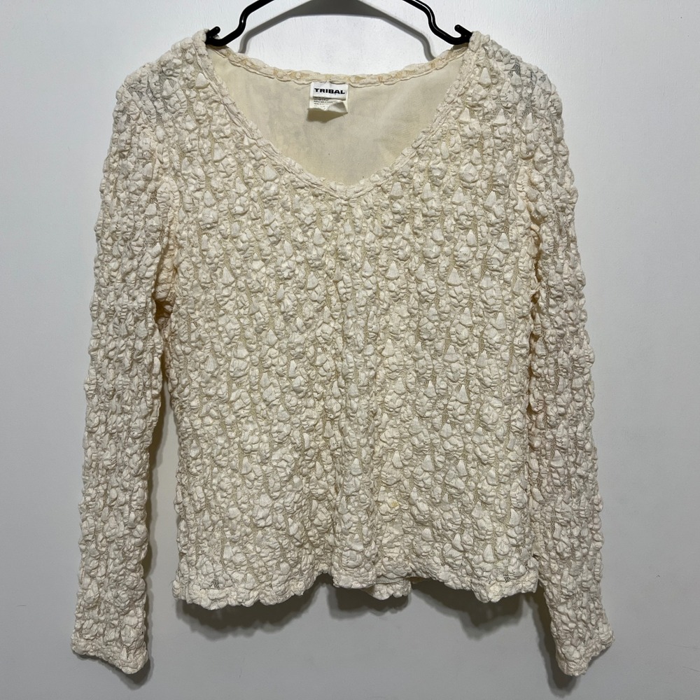 Vintage Womens Popcorn Knit V‎ Neck Top Size XL Ivory Long Sleeve Y2K